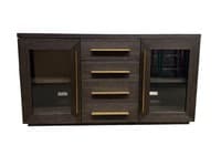 Restoration Hardware Machinto Glass Sideboard with Drawers (Brown Oak/Burnished Brass)